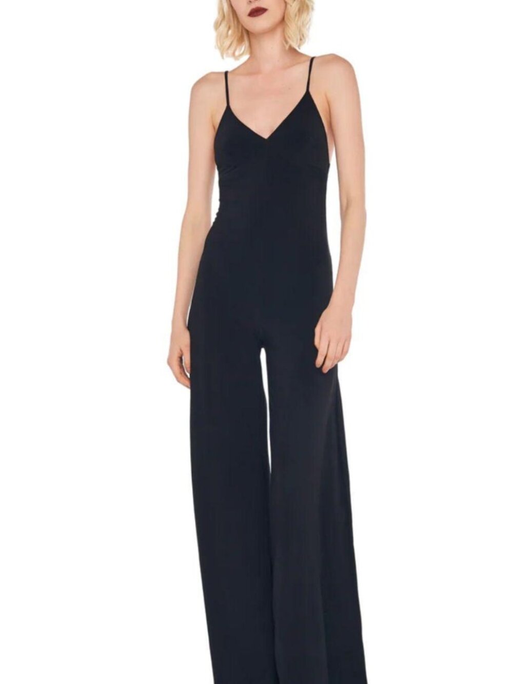 Norma Kamala black slip jumpsuit with spaghetti straps and V-neckline